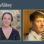 A man and a woman smile at the separate camera, on separate photos over a dark blue background.