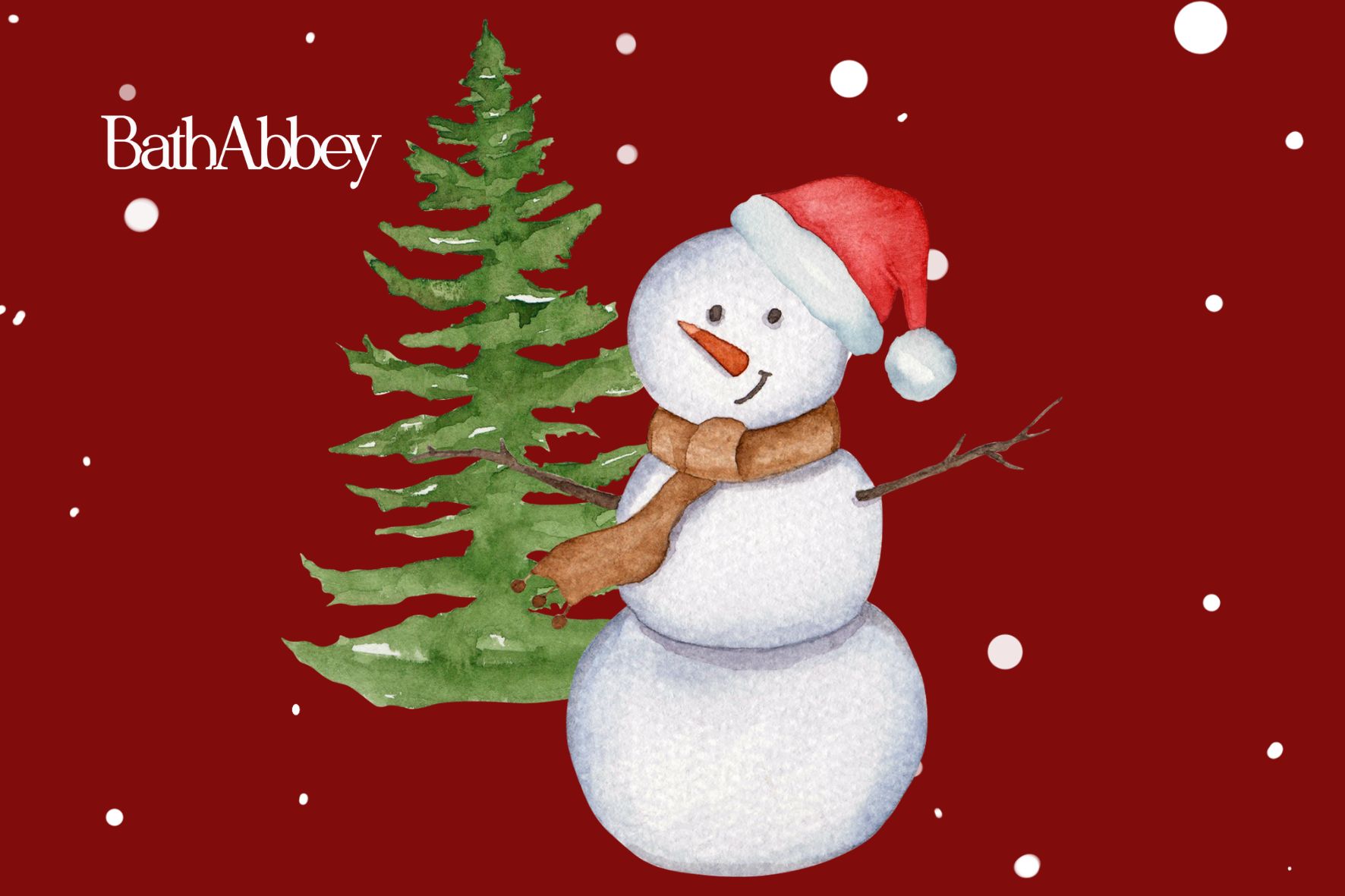 Snowman and christmas tree on a red background with snow and a white 'Bath Abbey' logo