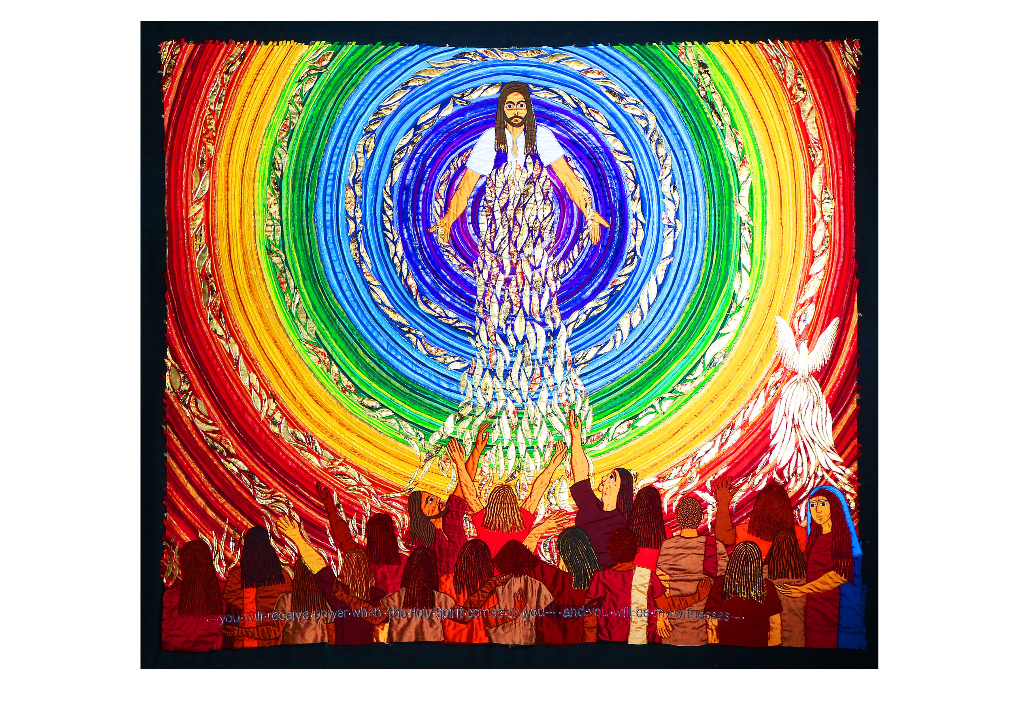 Textile artwork of Jesus surrounded by a rainbow circle, with a crowd of people facing him